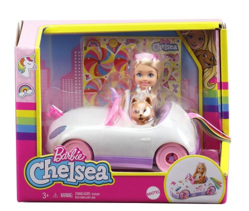 Barbie Chelsea baba kabrió autóval, kutyával, matricákkal