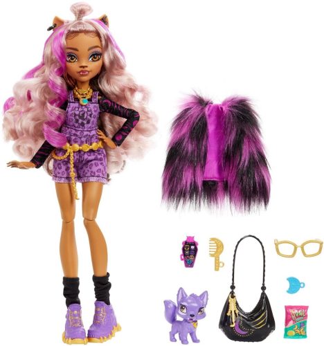 Mattel Monster High Clawdeen Wolf baba lila csíkos hajjal és kiskutyával