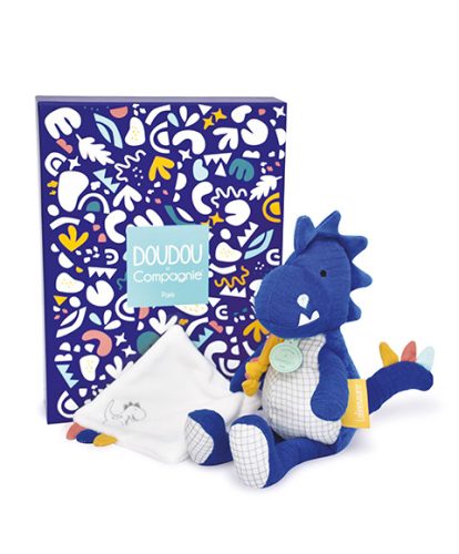 Doudou Darčeková sada - Plyšový dinosaurus s dečkou 25 cm modrý