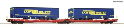 Roco Konténerszállító ikerkocsi, zsebeskocsi, Sdggmrs 738/T3000e, LKW Walter félpótkocsikkal, DB AG VI 77385 H0 1:87 méretarány